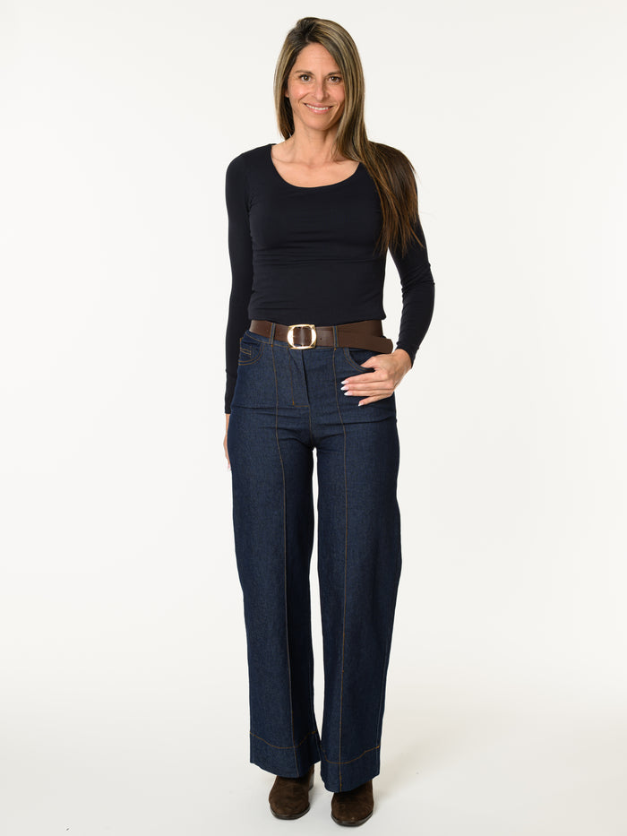 Jeans palazzo bleu foncé avec ceinture