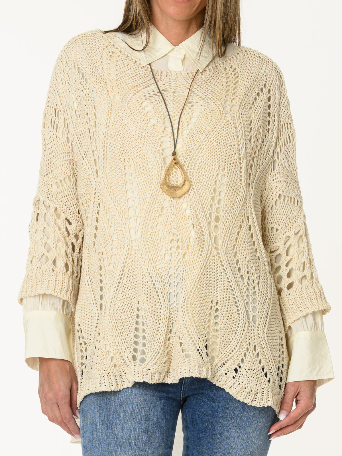 Chandail en crochet beige uni style bohème