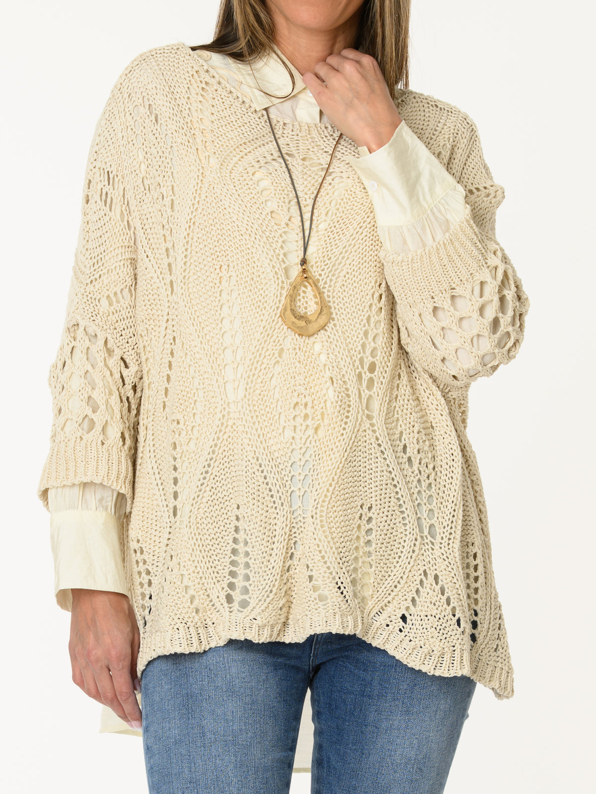 Chandail en crochet beige uni style bohème