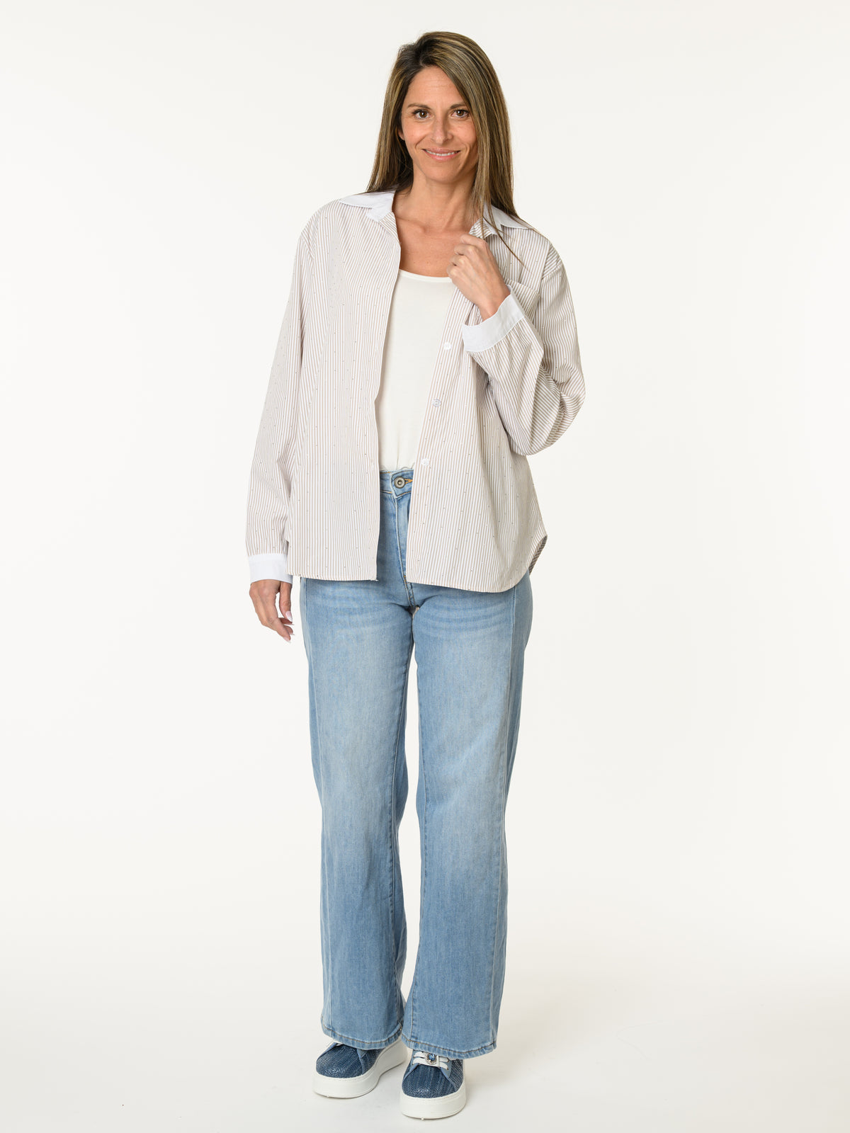 Chemise rayée moka et blanc avec brillants