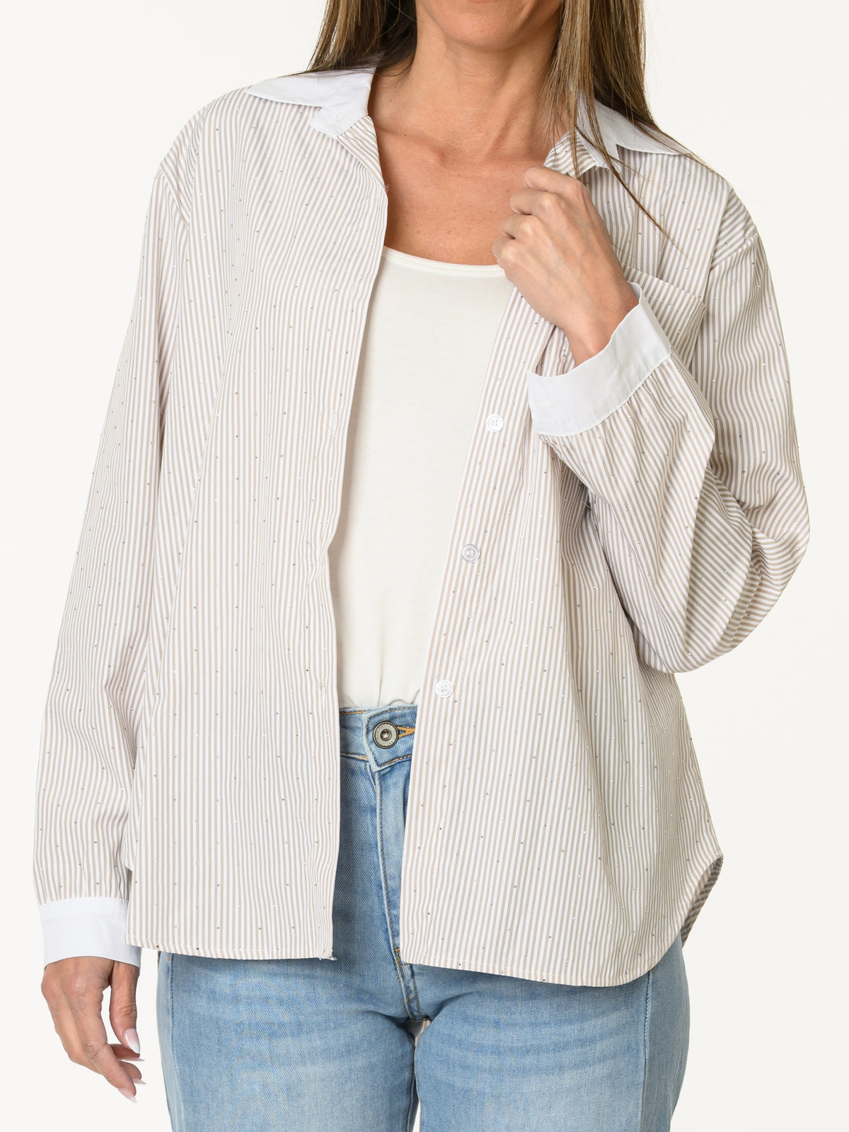 Chemise rayée moka et blanc avec brillants