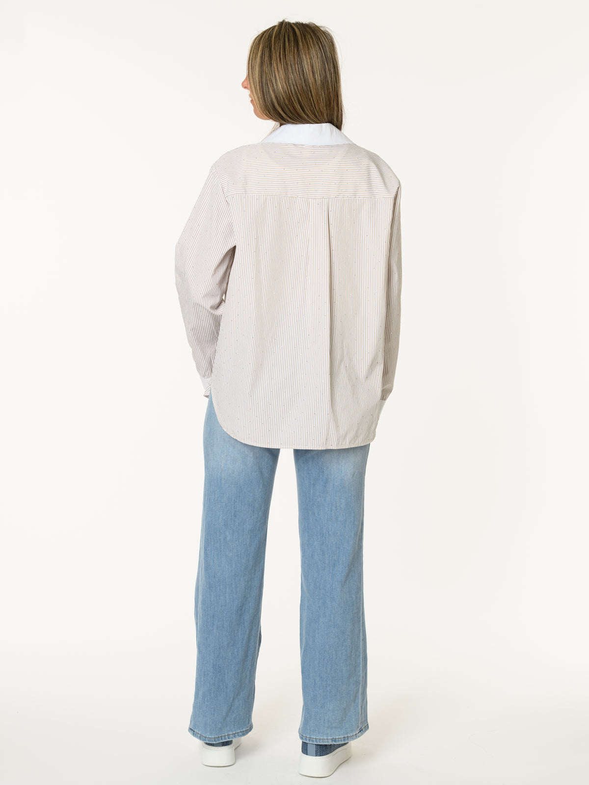 Chemise rayée moka et blanc avec brillants