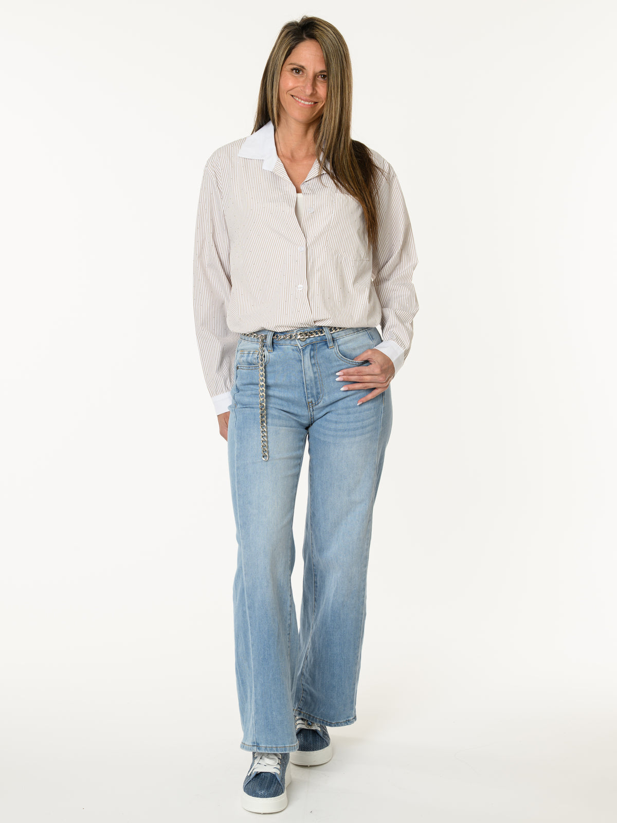 Chemise rayée moka et blanc avec brillants