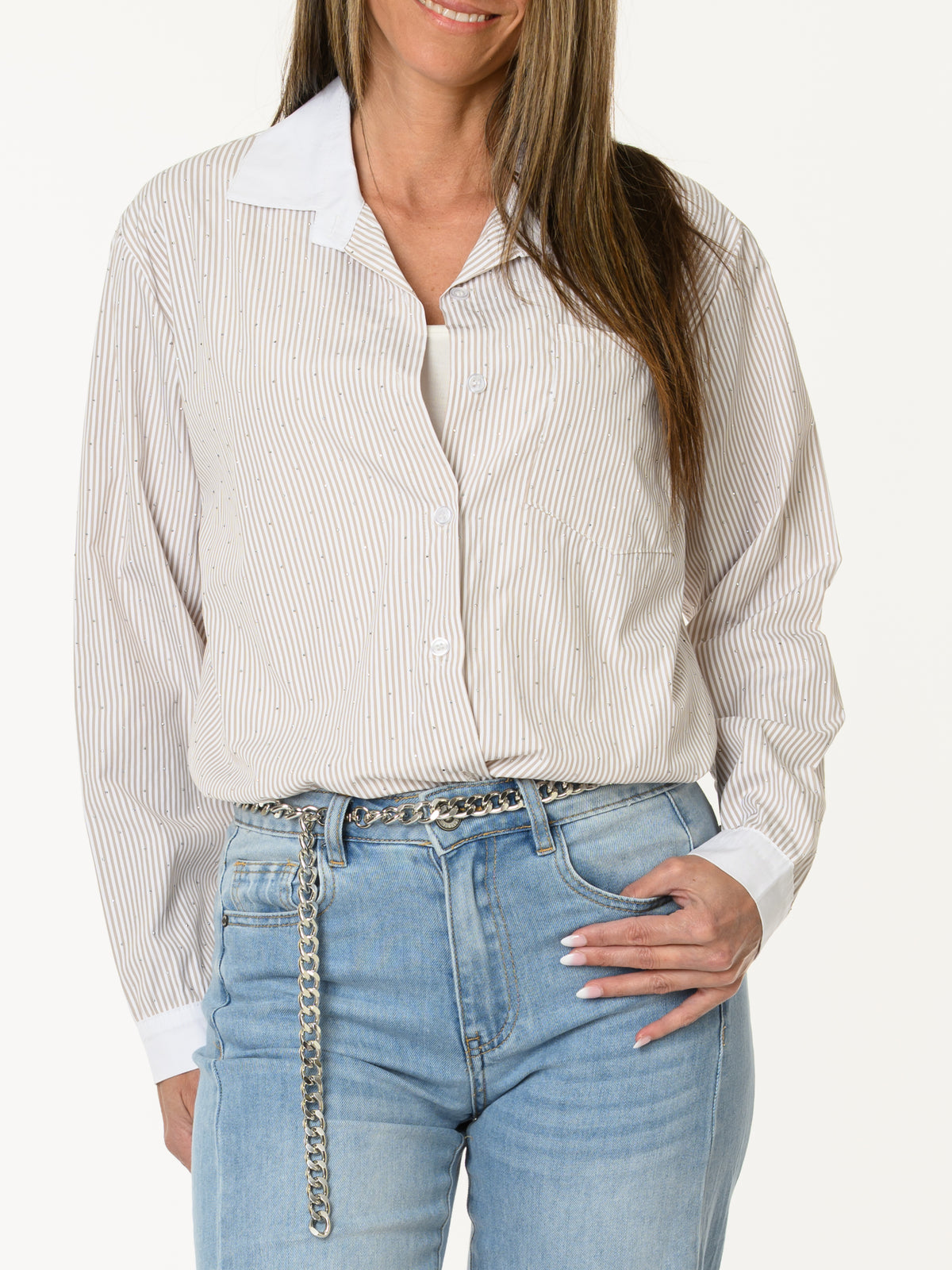 Chemise rayée moka et blanc avec brillants