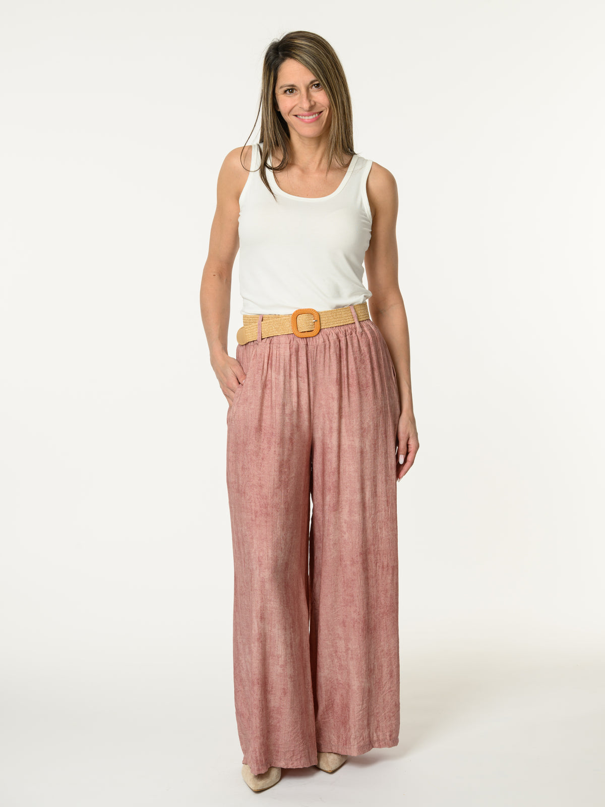 Pantalon palazzo rose avec ceinture