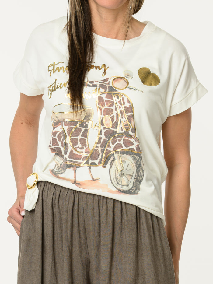 T-shirt blanc crème avec imprimé de scooter
