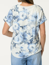 Chandail avec imprimé floral bleu et écritures argentées