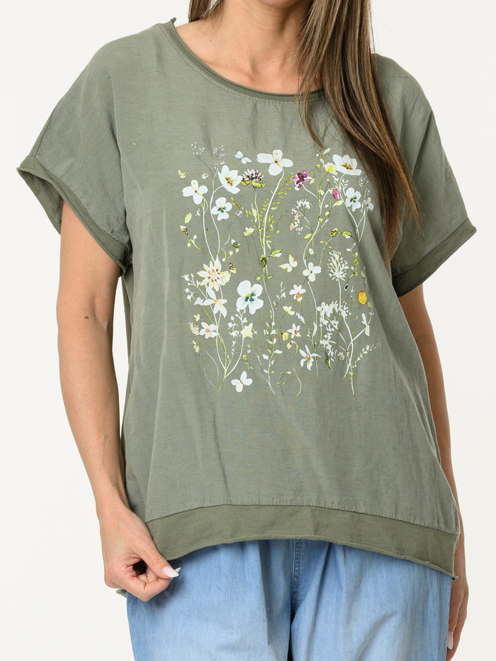 t-shirt kaki avec imprimé floral blanc