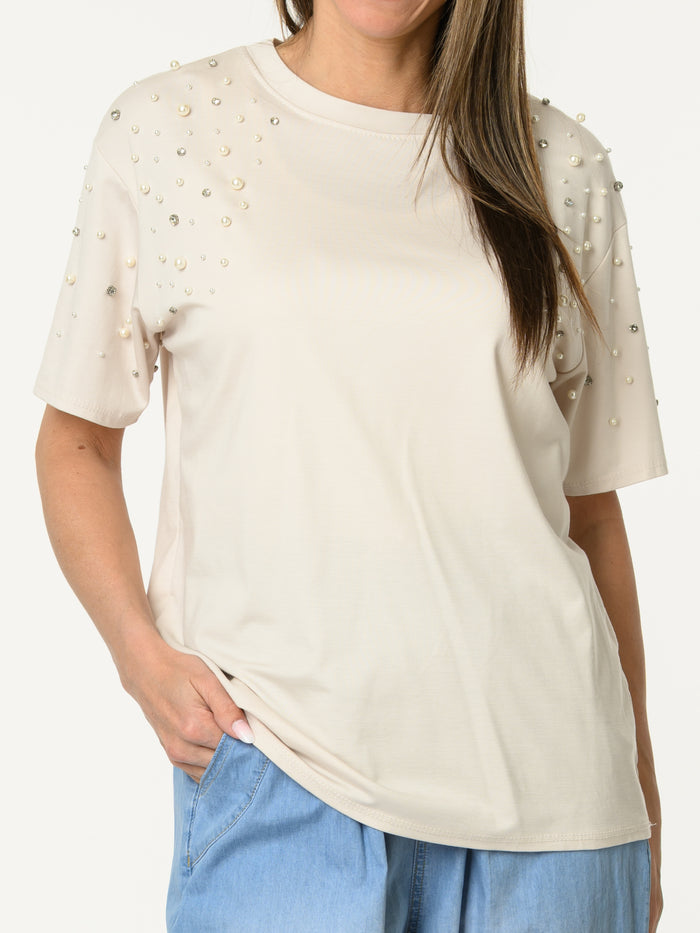 t-shirt beige avec perles