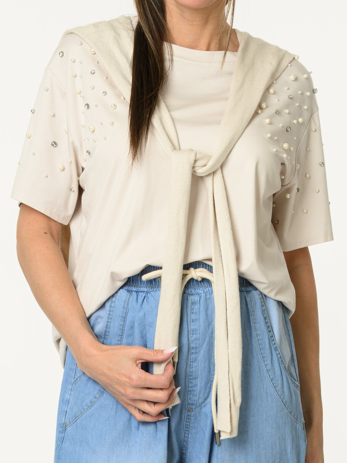 t-shirt beige avec perles