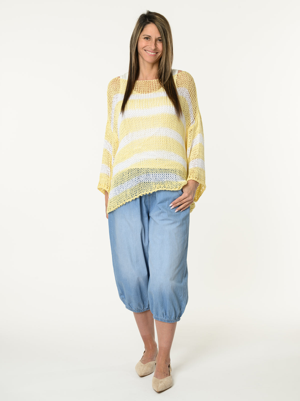 Chandail en mailles rayé jaune et blanc