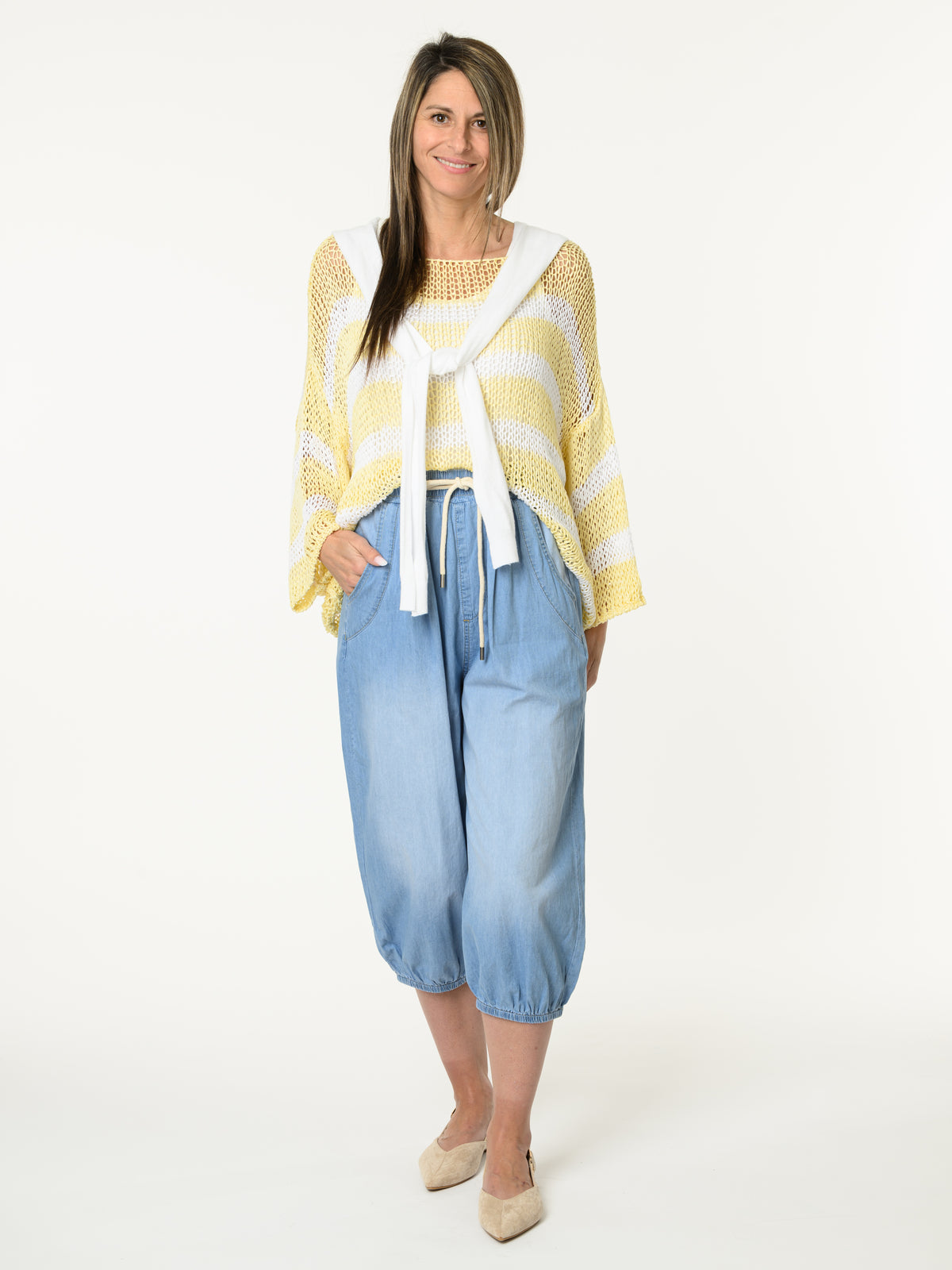 Chandail en mailles rayé jaune et blanc