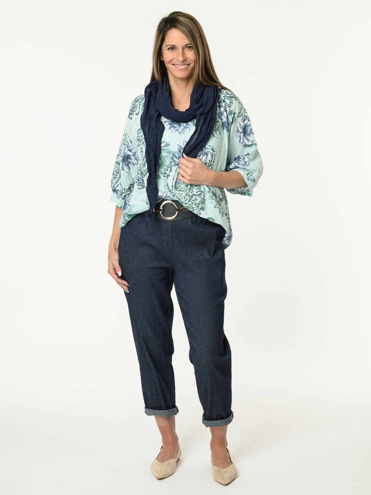 Chandail aqua avec imprimé de fleurs et paisleys