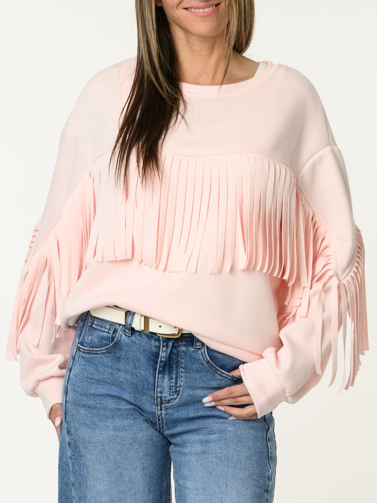 Chandail rose pâle avec franges
