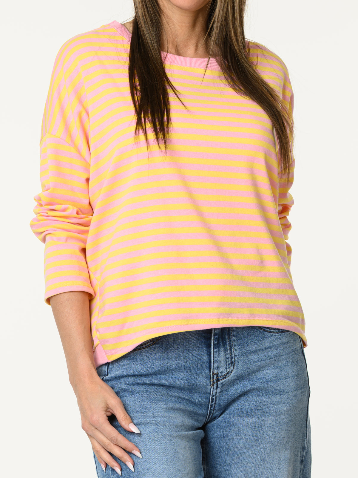Chandail rose rayé jaune
