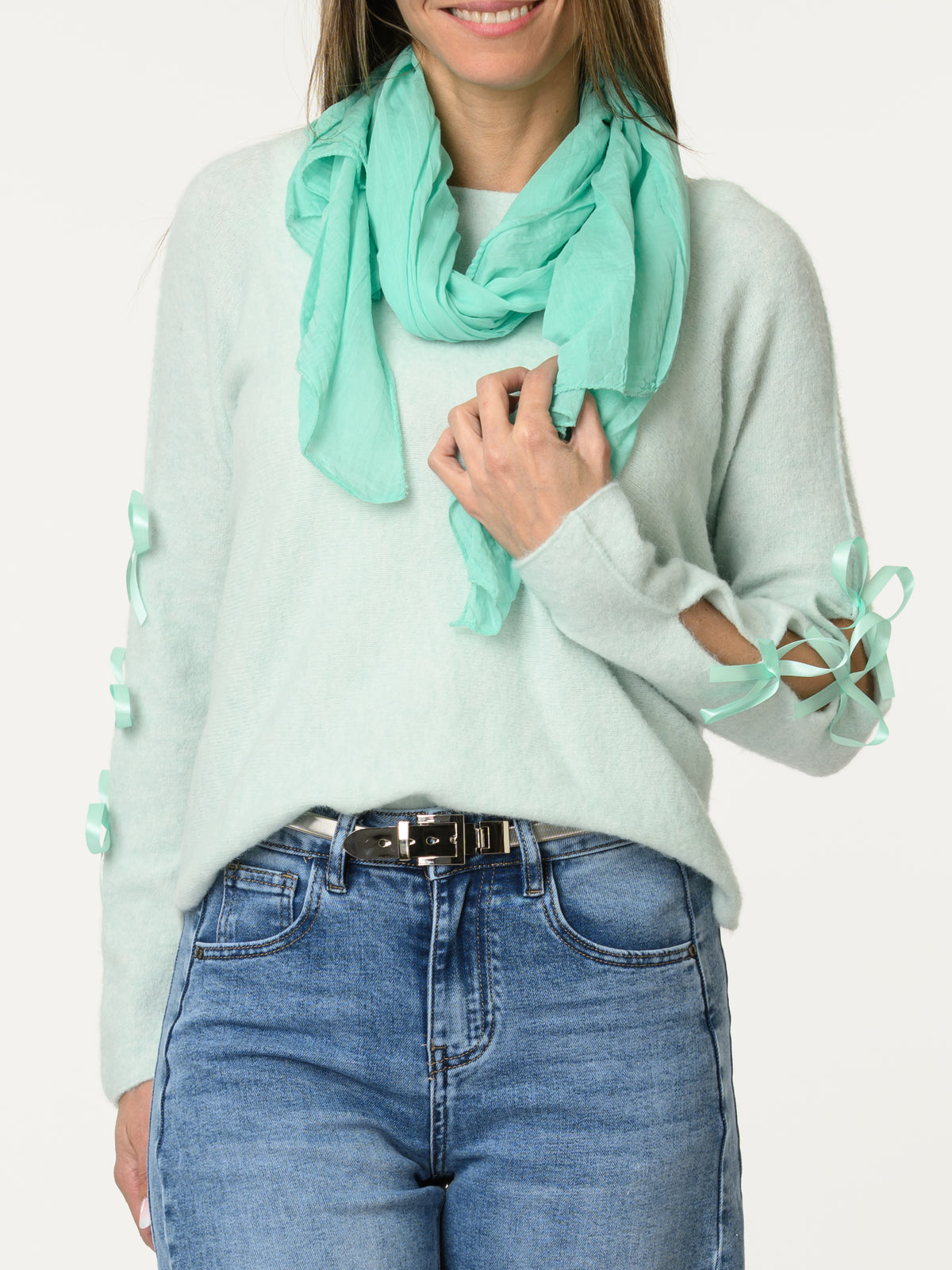 Chandail aqua avec lacets sur les côtés