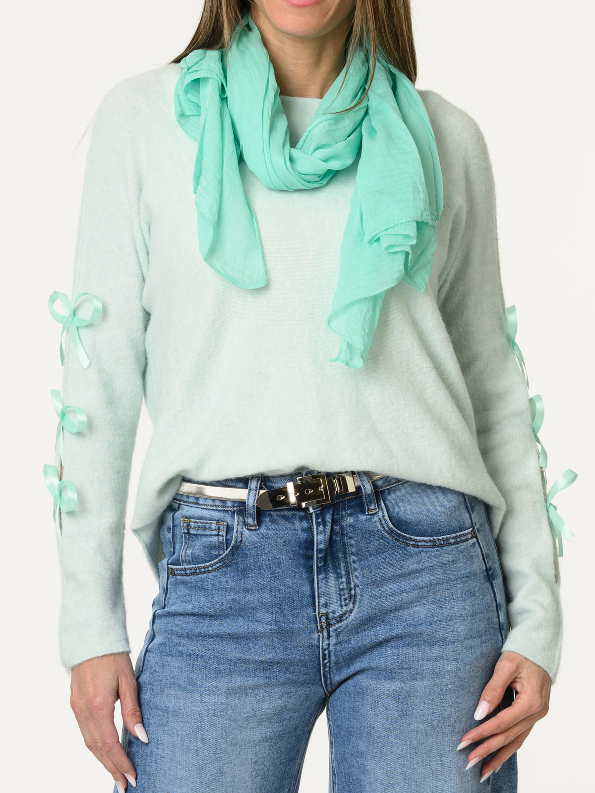 Chandail aqua avec lacets sur les côtés