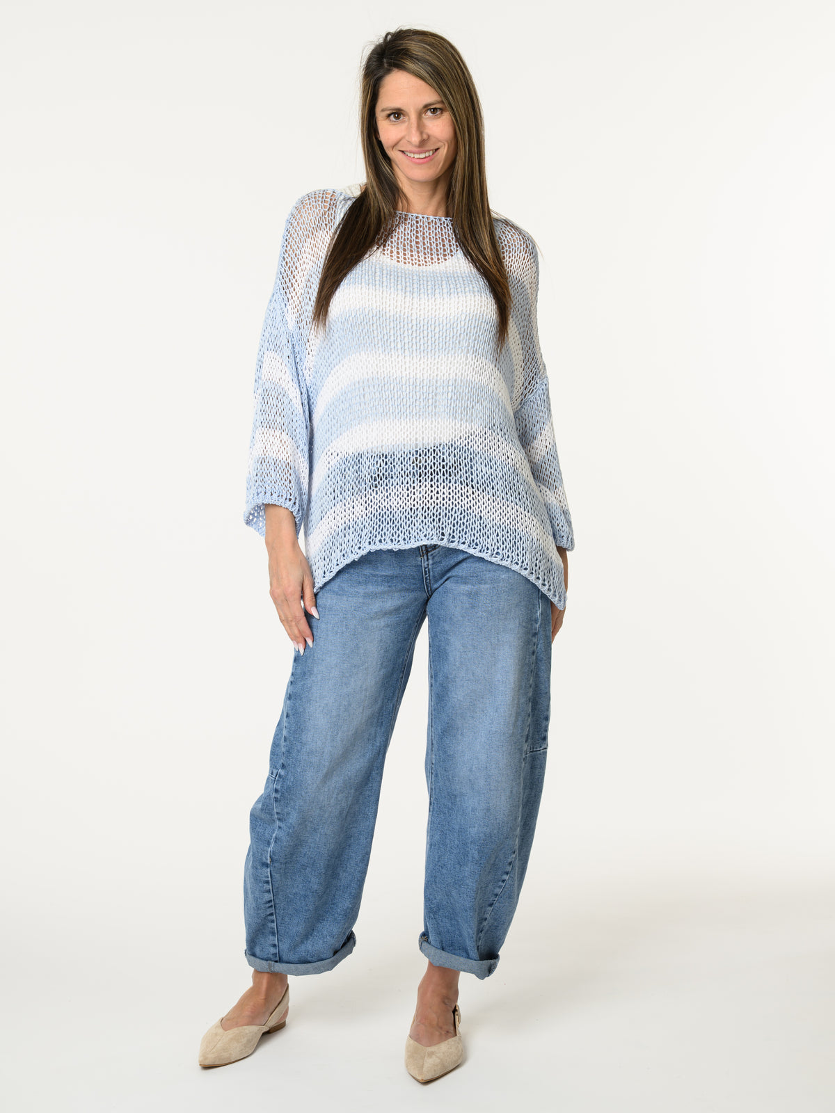 Chandail en mailles rayé bleu et blanc