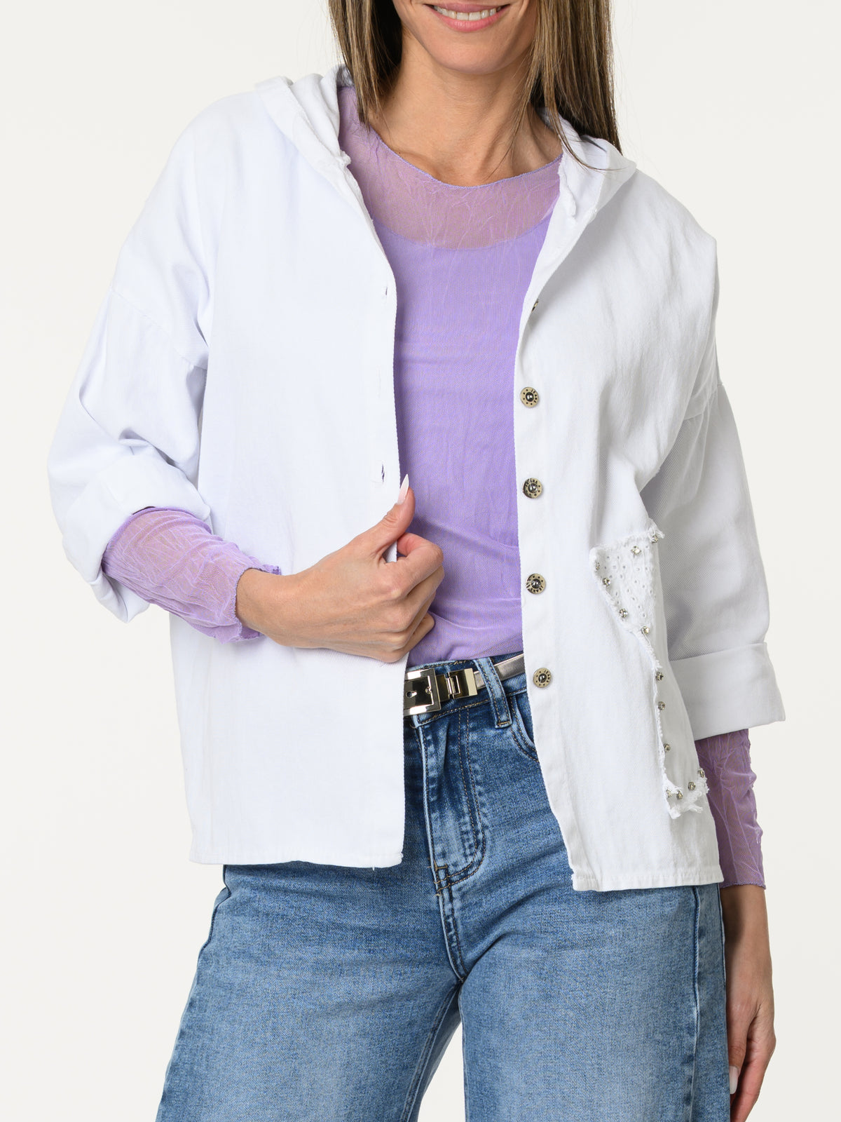 Veste de jeans blanche avec étoile et capuchon