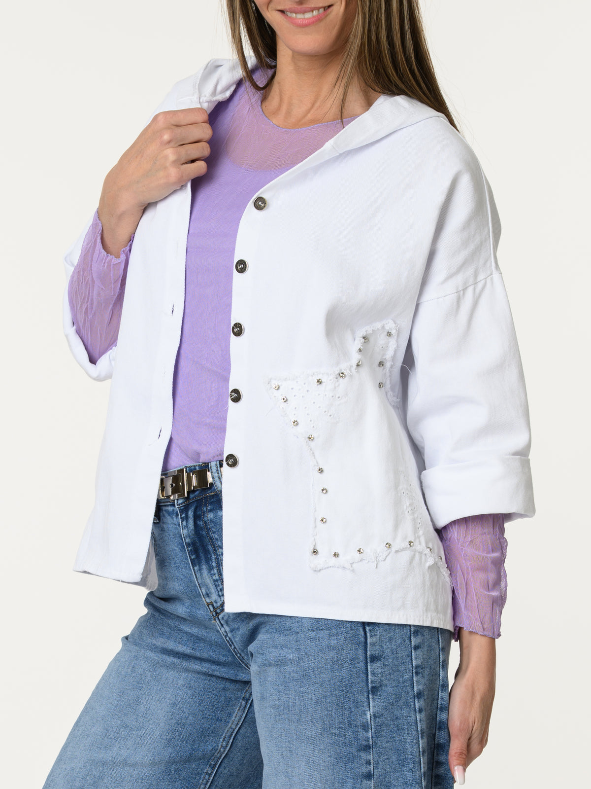 Chandail lilas en tulle à manches longues