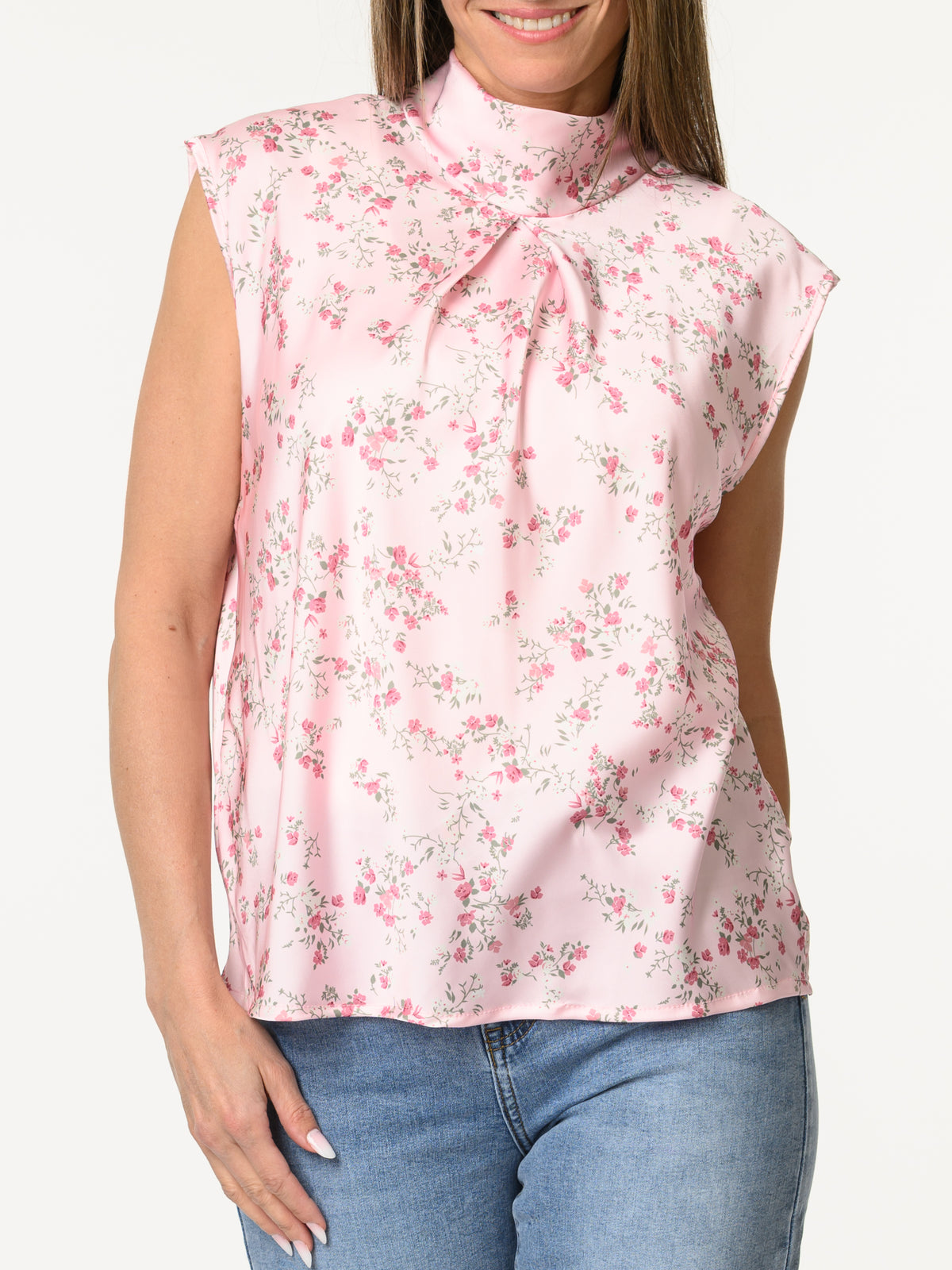 Camisole rose à col montant avec imprimé de fleurs
