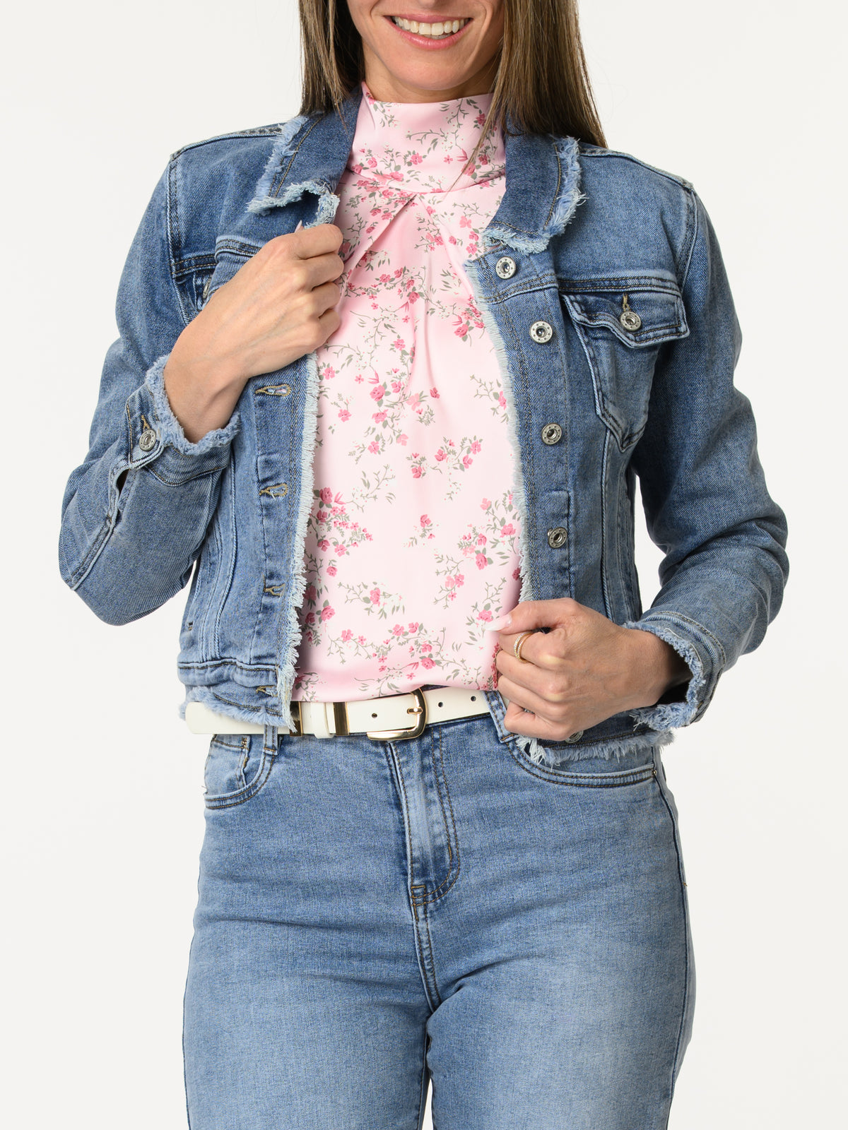 Camisole rose à col montant avec imprimé de fleurs