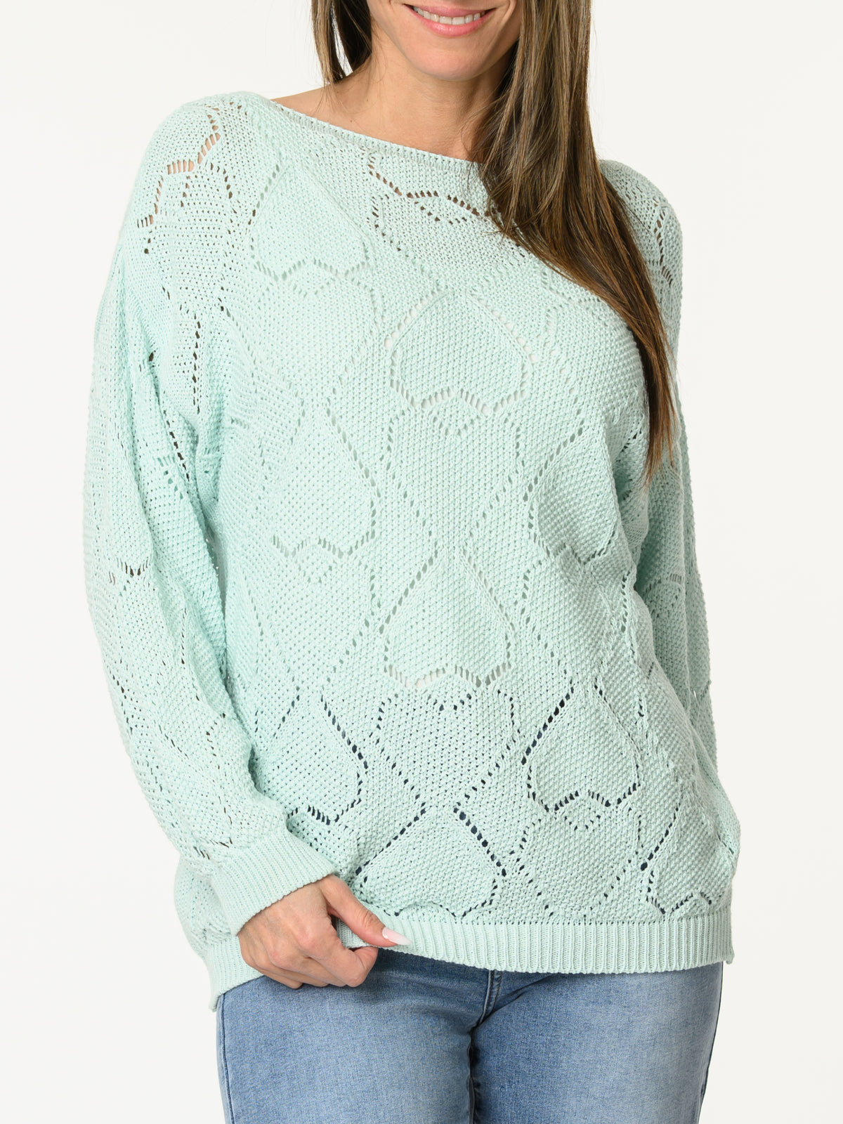 Chandail aqua en tricot à motifs de cœurs