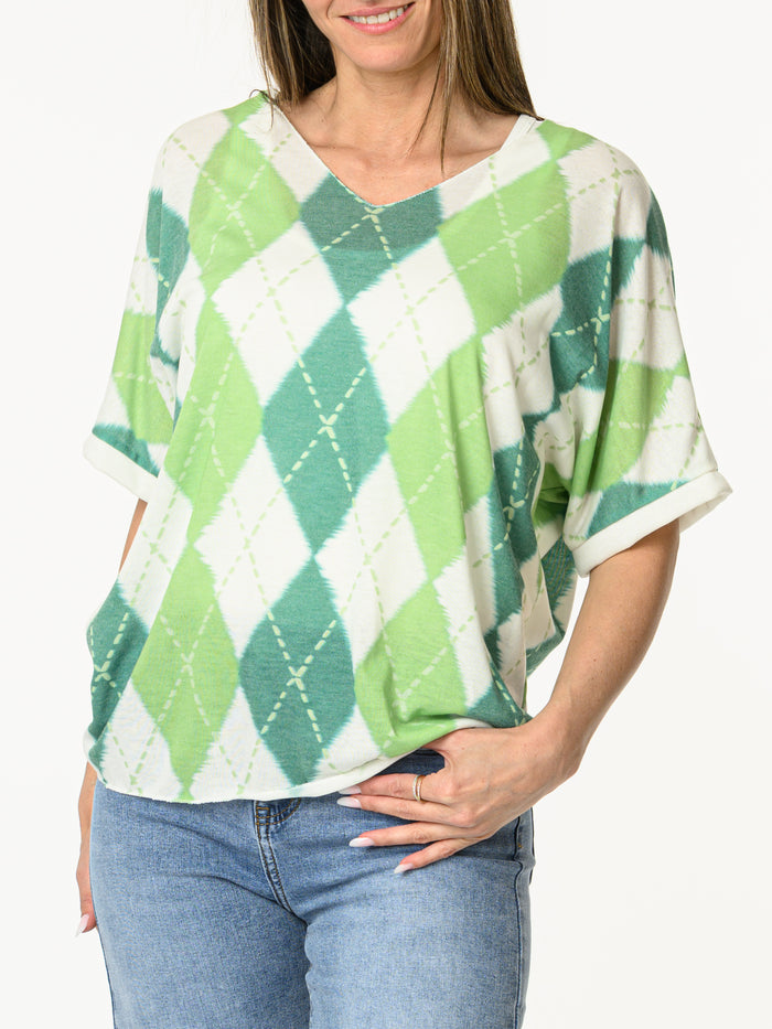 Chandail blanc à motifs de losanges verts