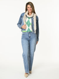 Chandail blanc à motifs de losanges verts