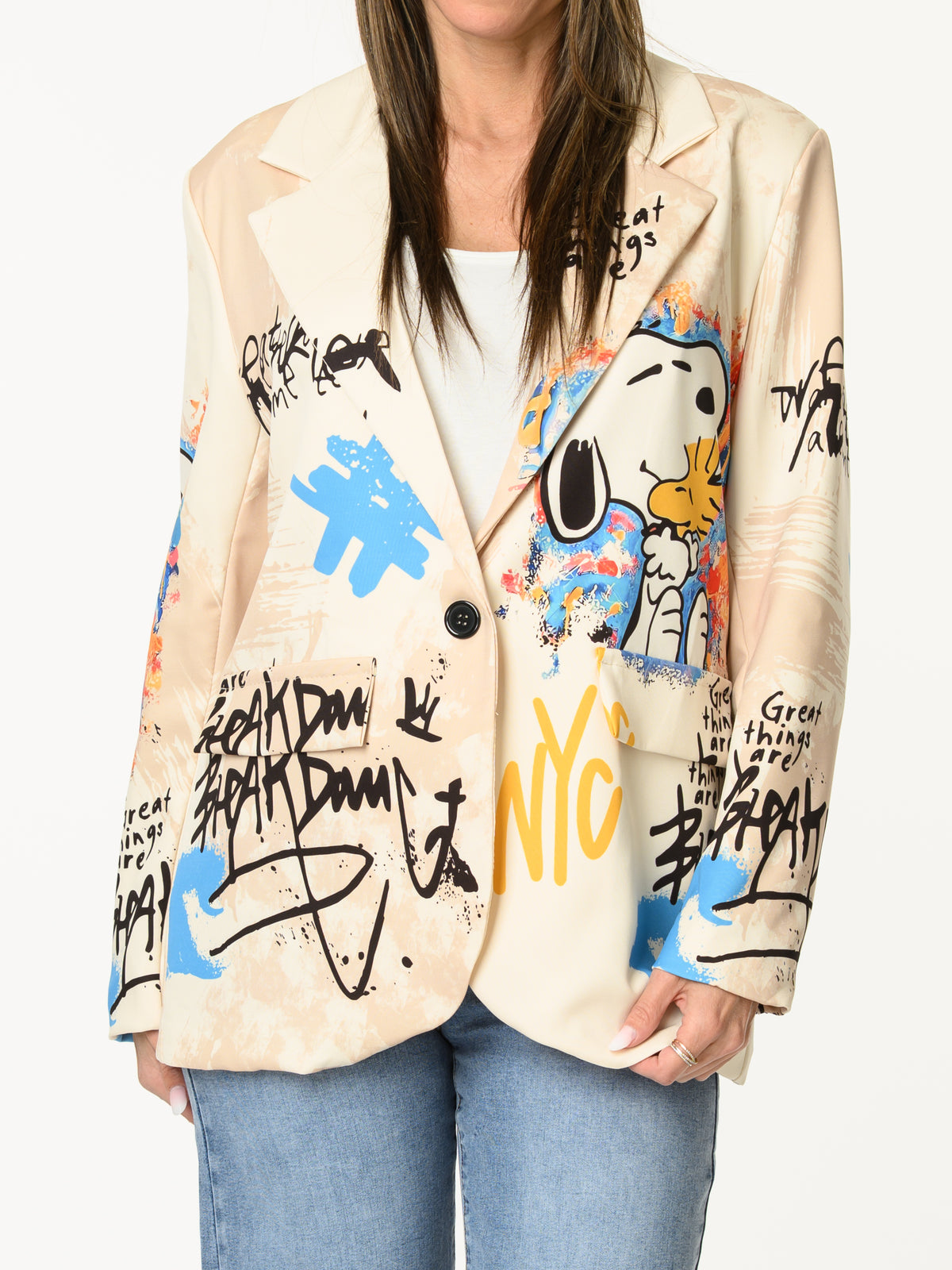 Veston beige artiste avec imprimé de Snoopy