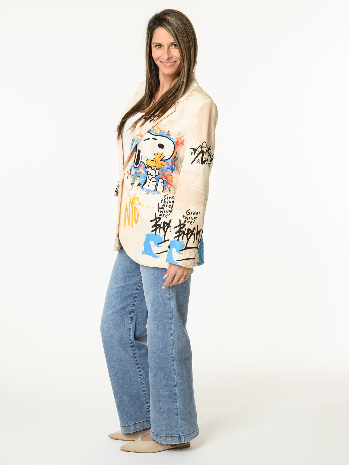 Veston beige artiste avec imprimé de Snoopy