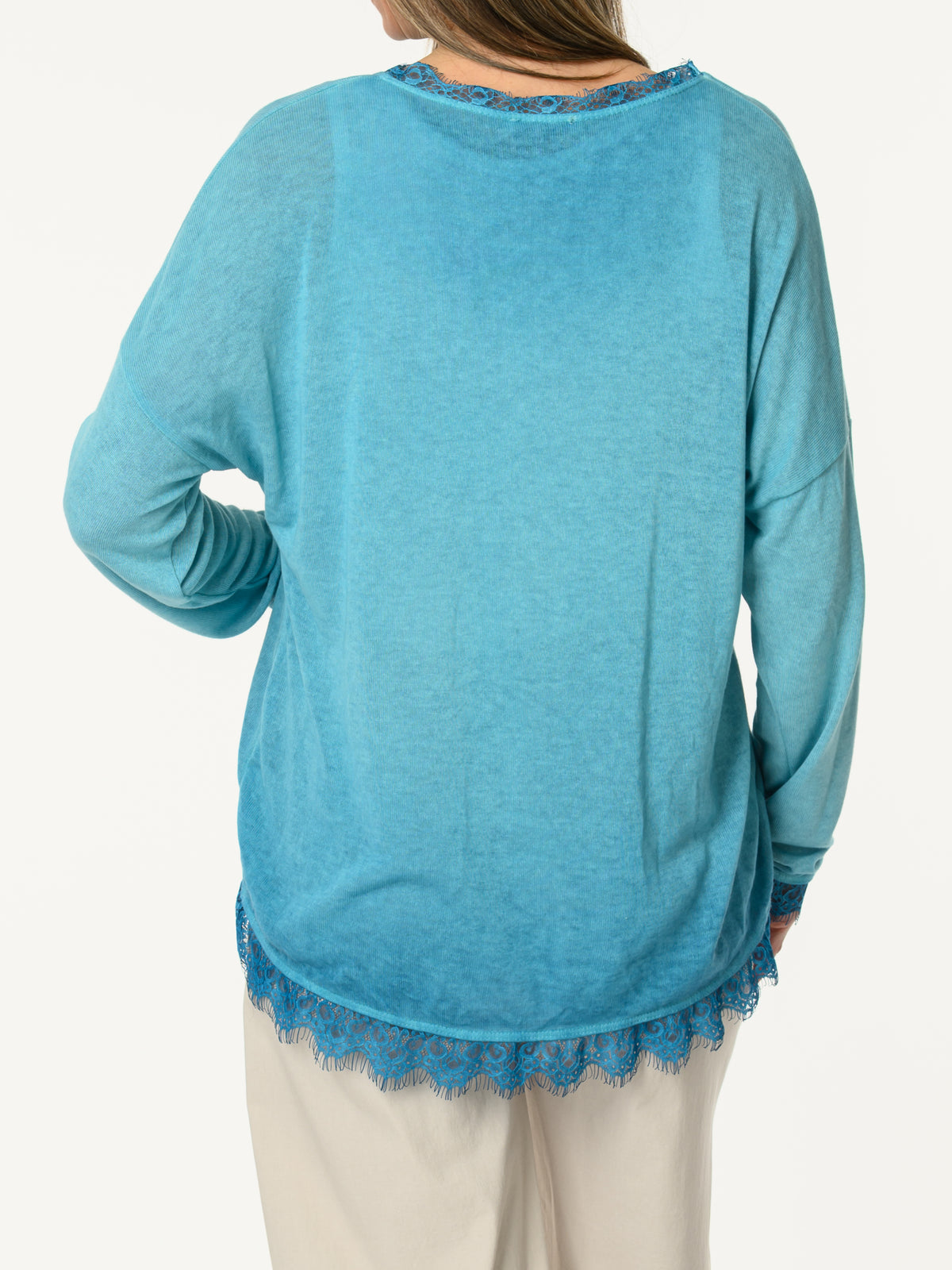 Chandail turquoise à manches longues avec dentelle