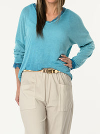 Chandail turquoise à manches longues avec dentelle