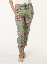 Pantalon kaki à taille élastique avec imprimé floral