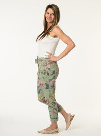 Pantalon kaki à taille élastique avec imprimé floral