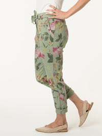Pantalon kaki à taille élastique avec imprimé floral