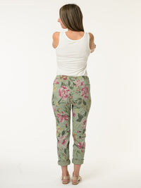 Pantalon kaki à taille élastique avec imprimé floral