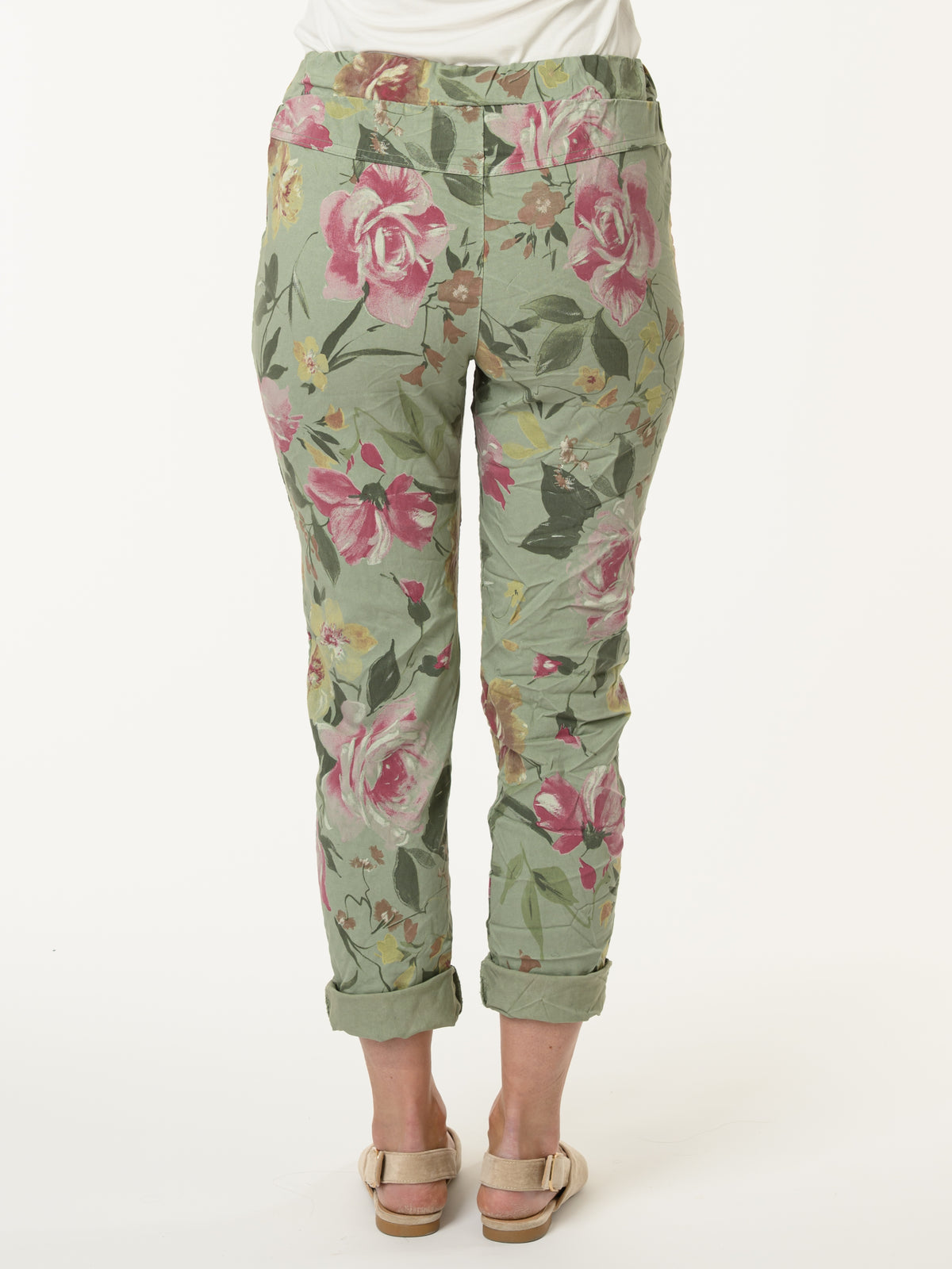 Pantalon kaki à taille élastique avec imprimé floral