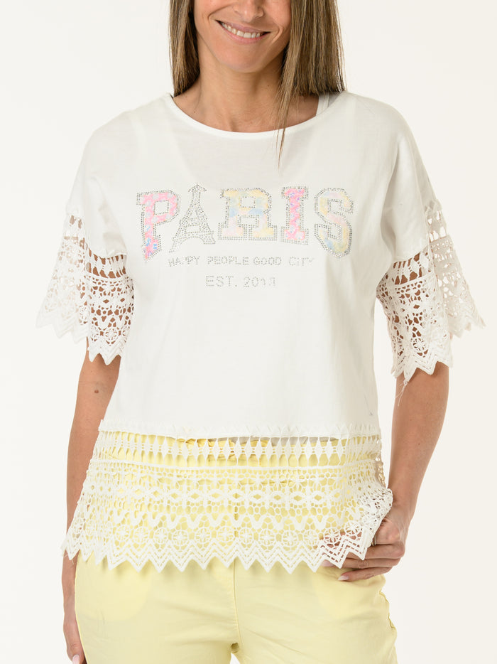 T-shirt blanc ''Paris'' avec dentelle