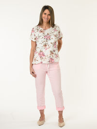 T-shirt blanc avec imprimé floral magenta et corail