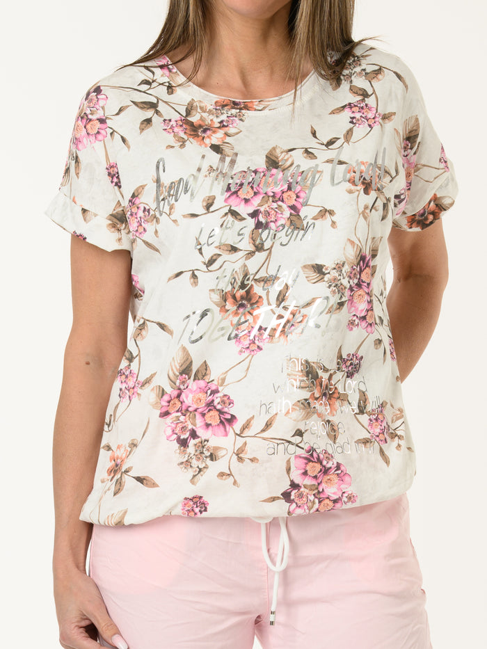 T-shirt blanc avec imprimé floral magenta et corail