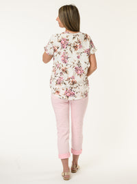 T-shirt blanc avec imprimé floral magenta et corail