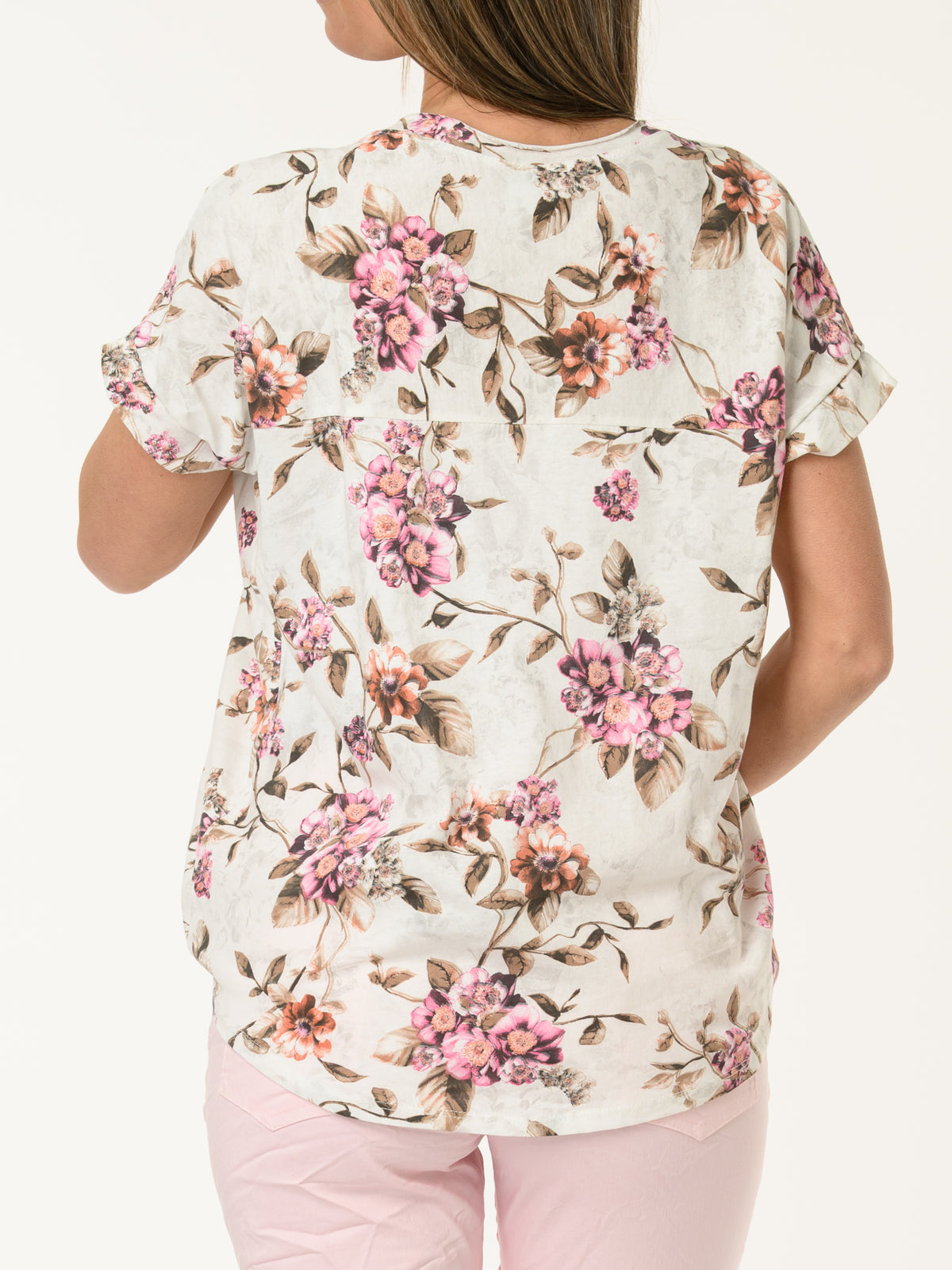 T-shirt blanc avec imprimé floral magenta et corail