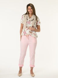T-shirt blanc avec imprimé floral magenta et corail