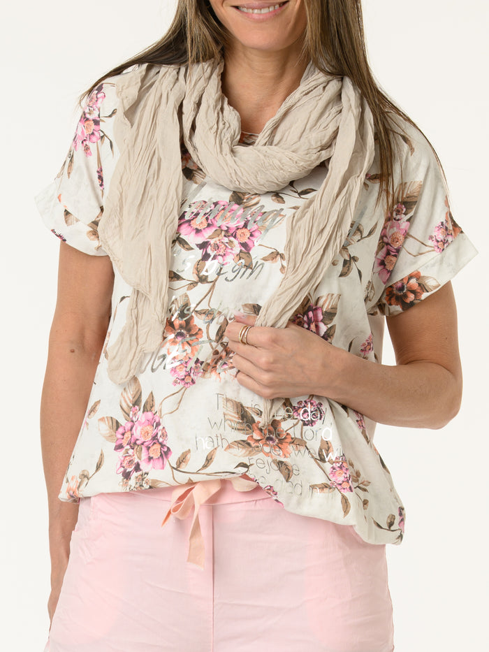T-shirt blanc avec imprimé floral magenta et corail