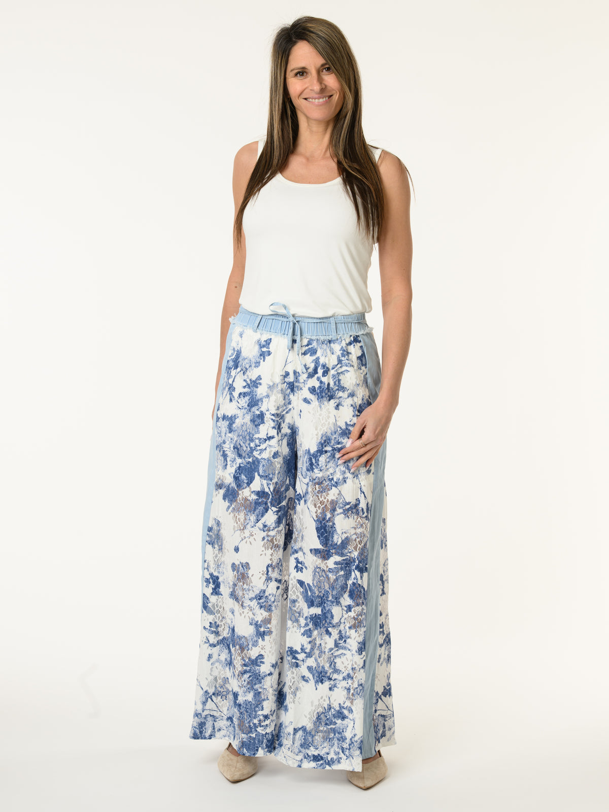 Pantalon palazzo avec dentelle et imprimé floral marine
