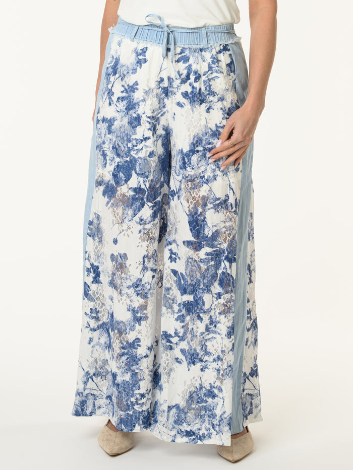 pantalon palazzo avec dentelle et imprimé floral marine