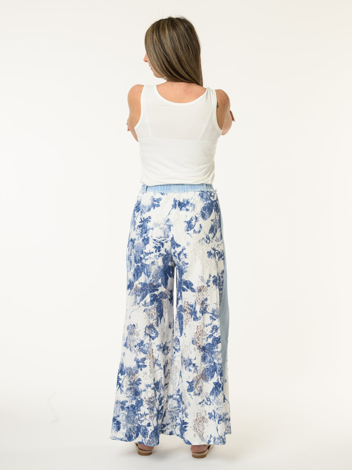 Pantalon palazzo avec dentelle et imprimé floral marine
