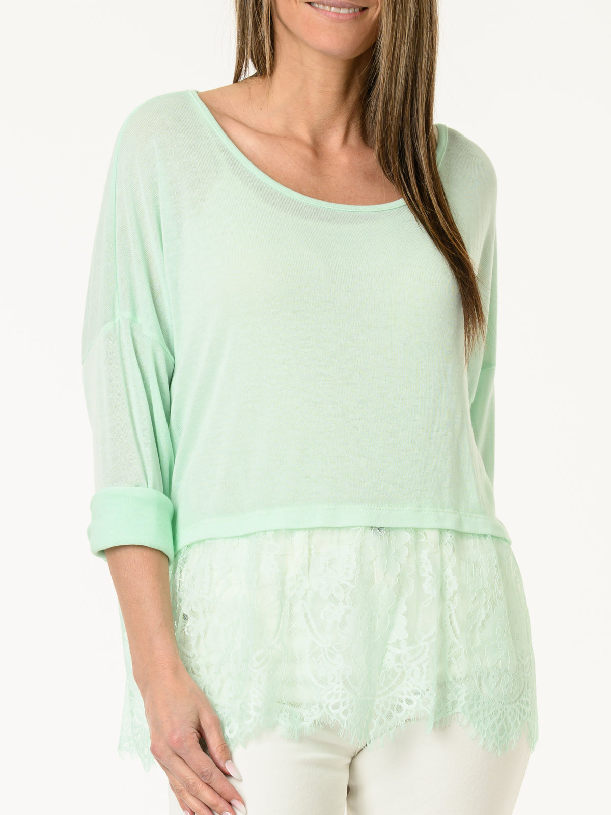 T-shirt aqua à manches longues avec dentelle au bas