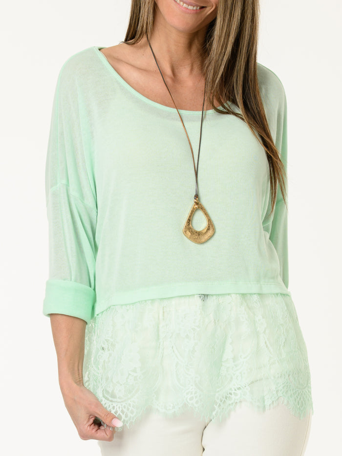 T-shirt aqua à manches longues avec dentelle au bas